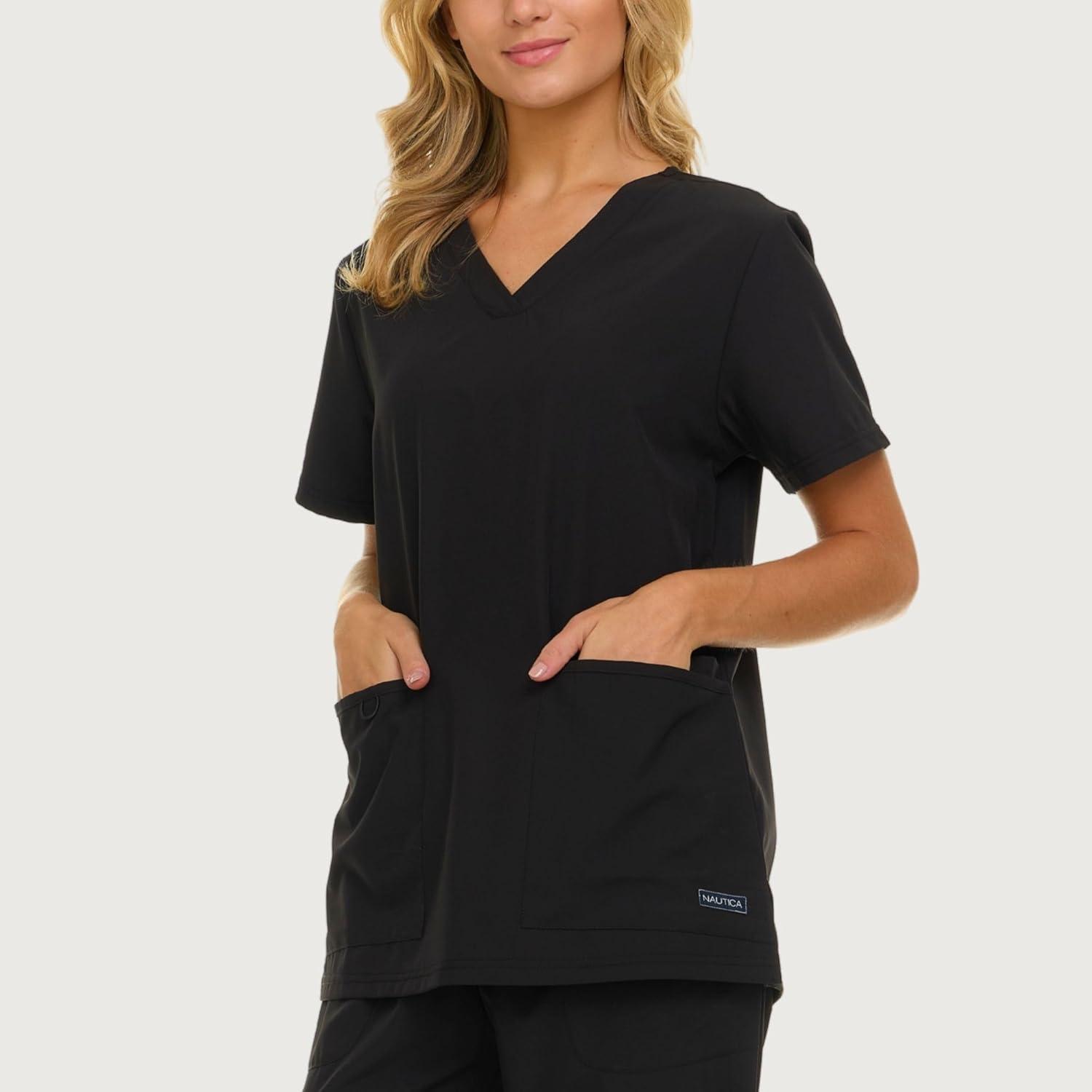 imageNautica Womens Scrubs Tops VNeck Breathable Scrub Tops Women 3 Pocket Stretch Fabric Scrubs for Women Medical Scrub ShirtBlack