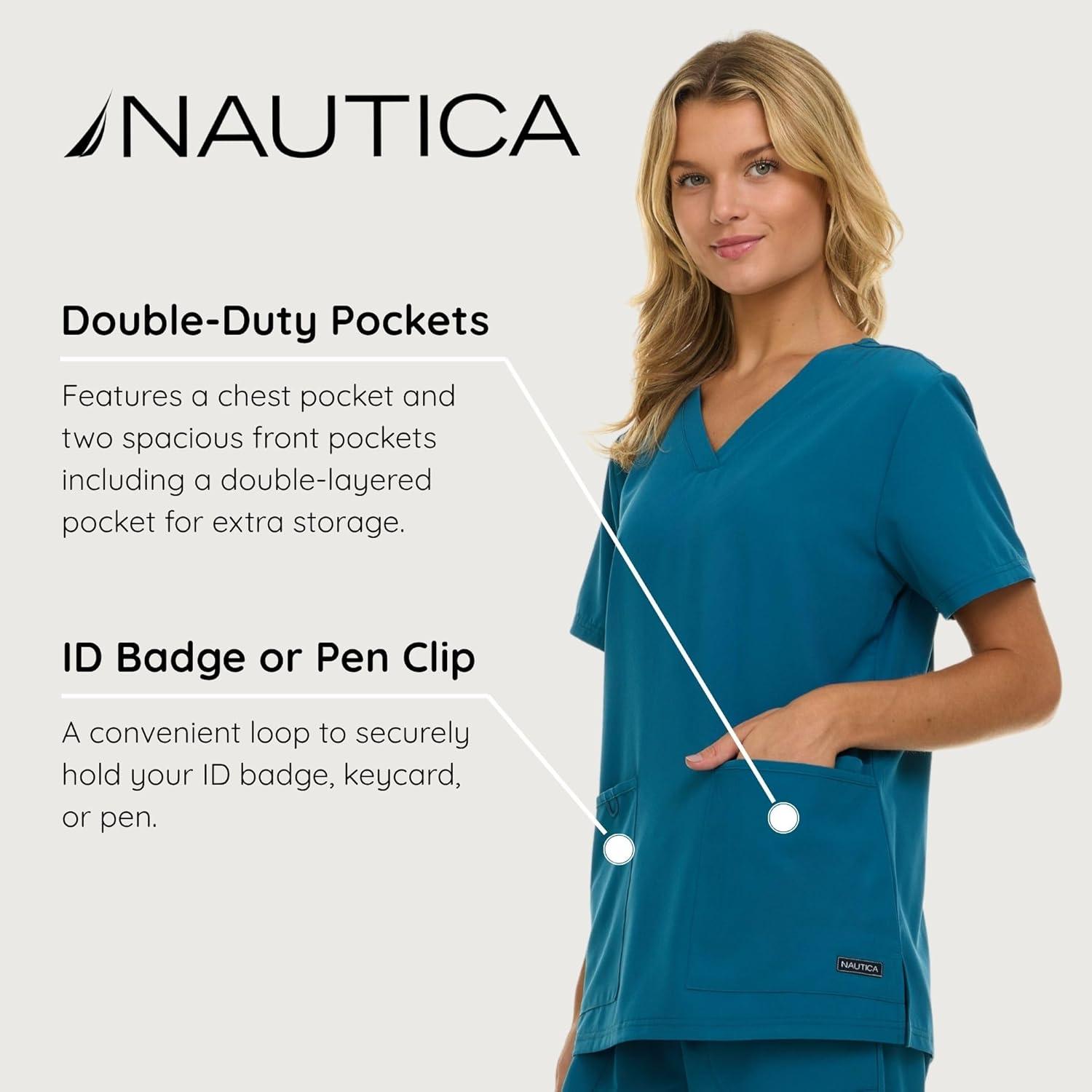 imageNautica Womens Scrubs Tops VNeck Breathable Scrub Tops Women 3 Pocket Stretch Fabric Scrubs for Women Medical Scrub ShirtCarribean