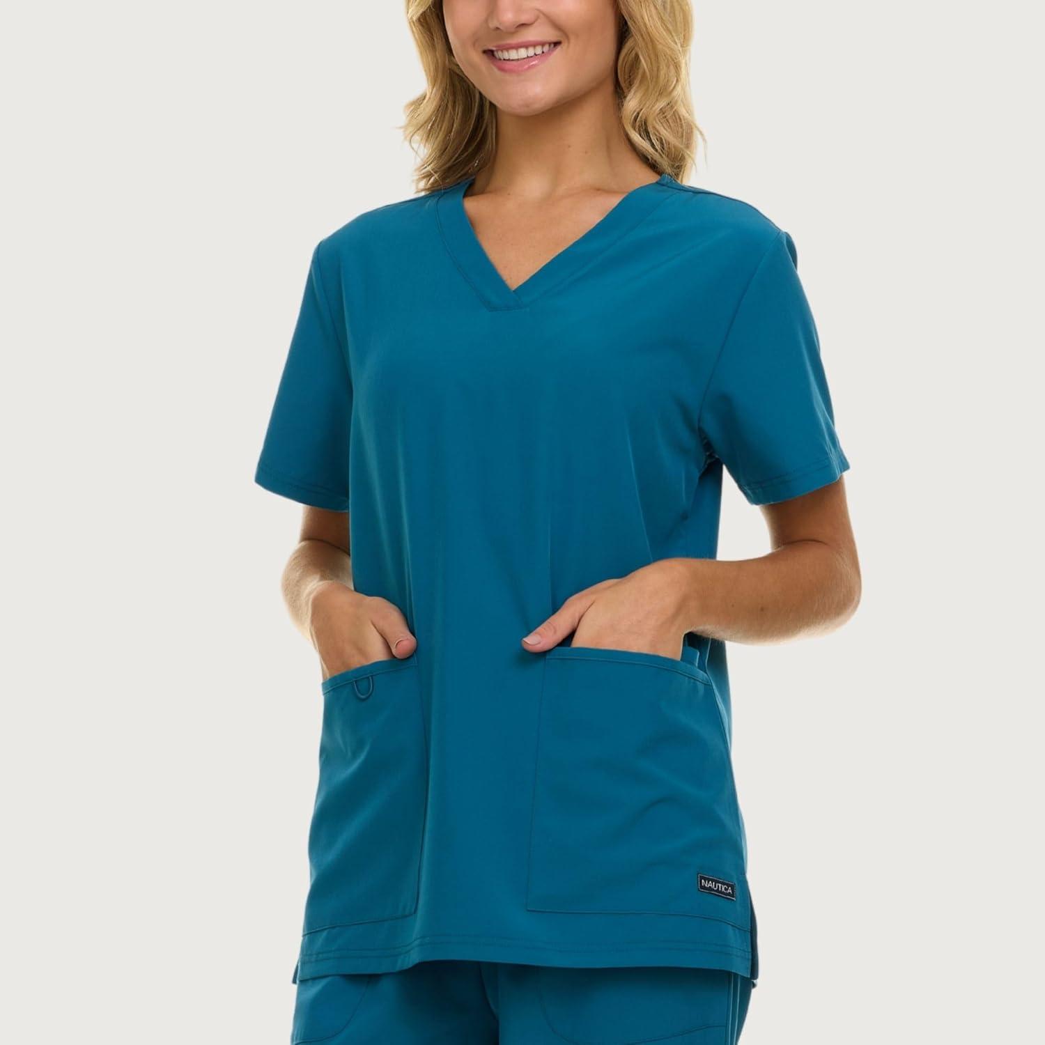 imageNautica Womens Scrubs Tops VNeck Breathable Scrub Tops Women 3 Pocket Stretch Fabric Scrubs for Women Medical Scrub ShirtCarribean