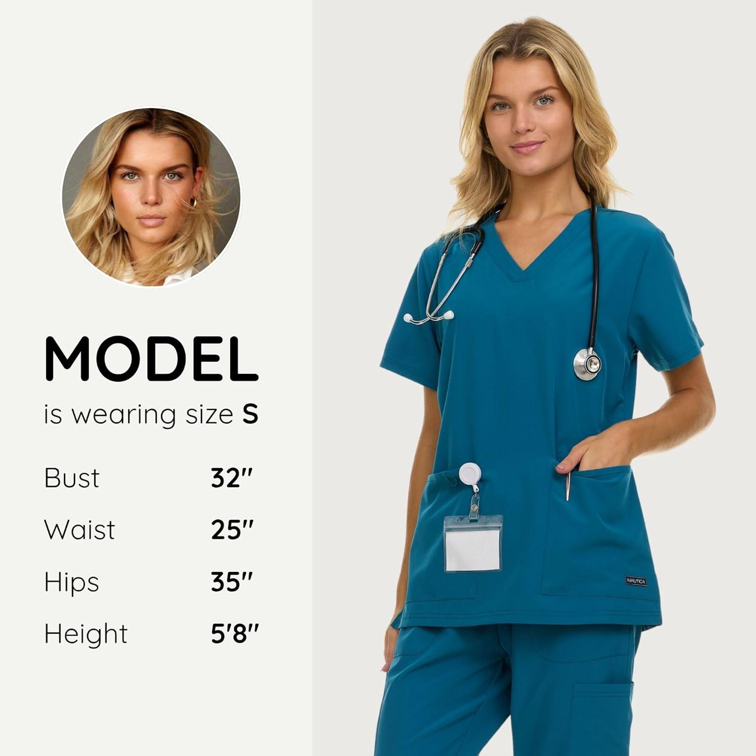 imageNautica Womens Scrubs Tops VNeck Breathable Scrub Tops Women 3 Pocket Stretch Fabric Scrubs for Women Medical Scrub ShirtCarribean