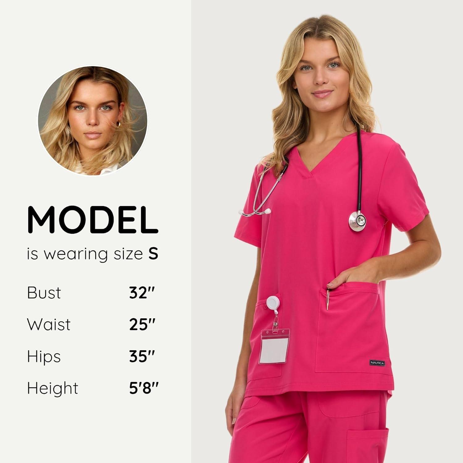 imageNautica Womens Scrubs Tops VNeck Breathable Scrub Tops Women 3 Pocket Stretch Fabric Scrubs for Women Medical Scrub ShirtFuschia