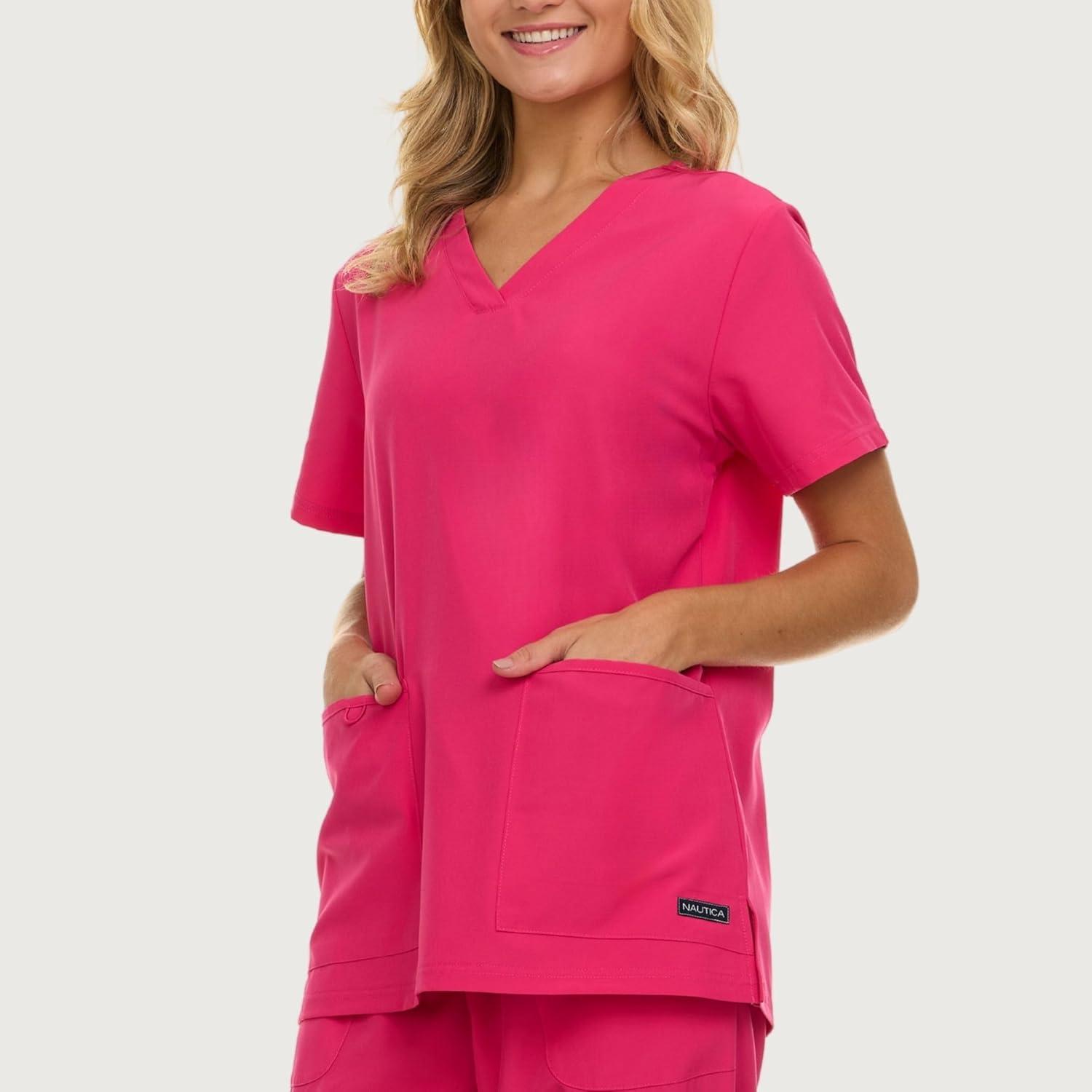 imageNautica Womens Scrubs Tops VNeck Breathable Scrub Tops Women 3 Pocket Stretch Fabric Scrubs for Women Medical Scrub ShirtFuschia