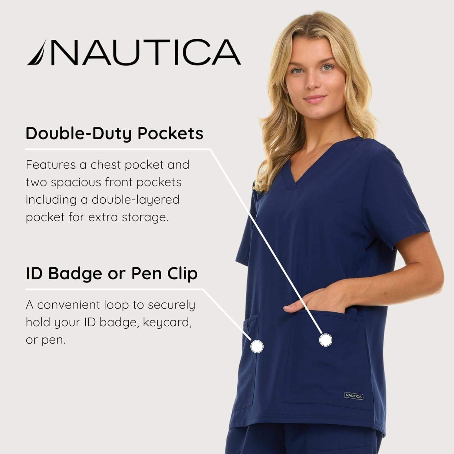 imageNautica Womens Scrubs Tops VNeck Breathable Scrub Tops Women 3 Pocket Stretch Fabric Scrubs for Women Medical Scrub ShirtNavy