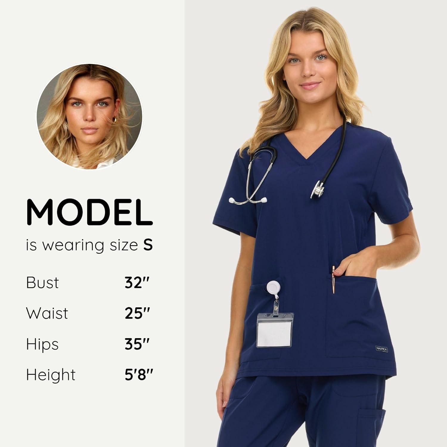 imageNautica Womens Scrubs Tops VNeck Breathable Scrub Tops Women 3 Pocket Stretch Fabric Scrubs for Women Medical Scrub ShirtNavy