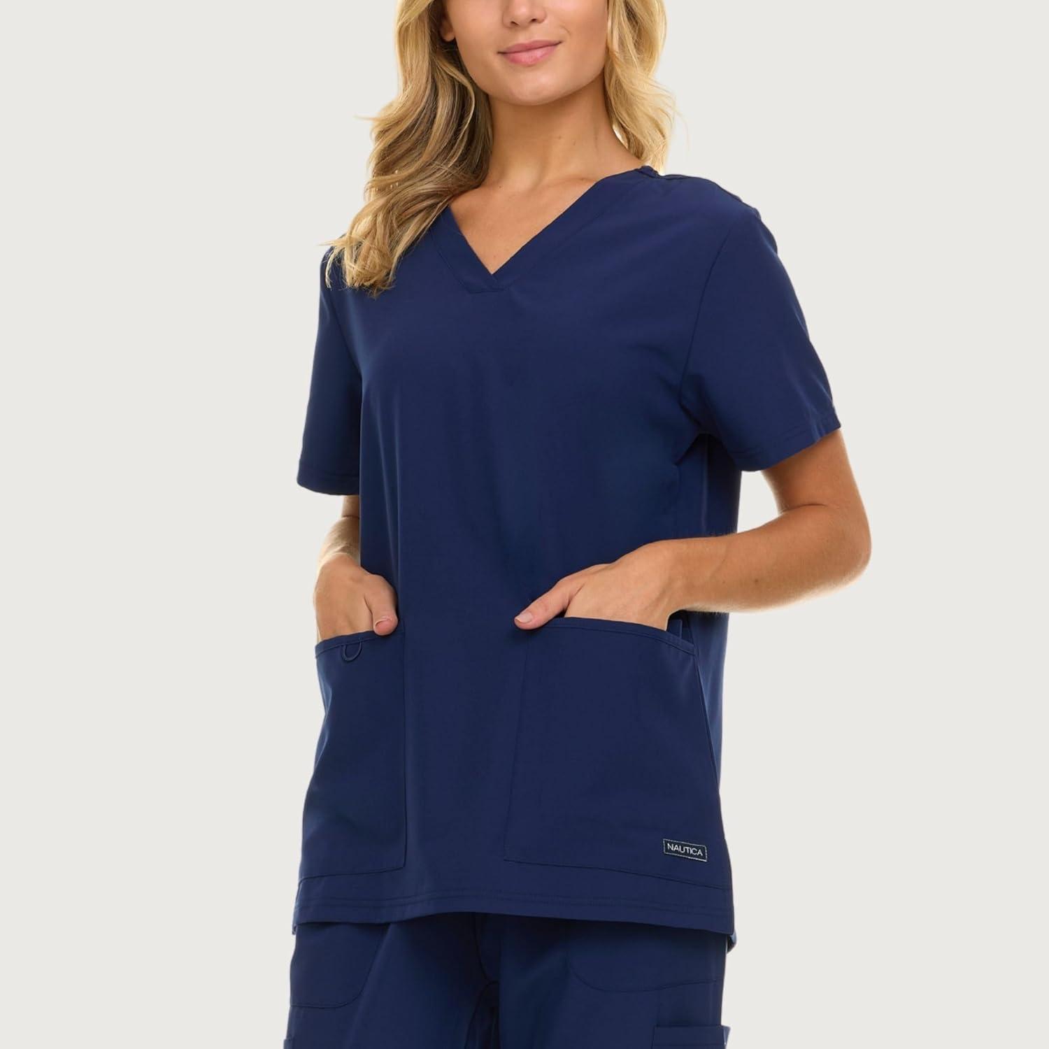 imageNautica Womens Scrubs Tops VNeck Breathable Scrub Tops Women 3 Pocket Stretch Fabric Scrubs for Women Medical Scrub ShirtNavy