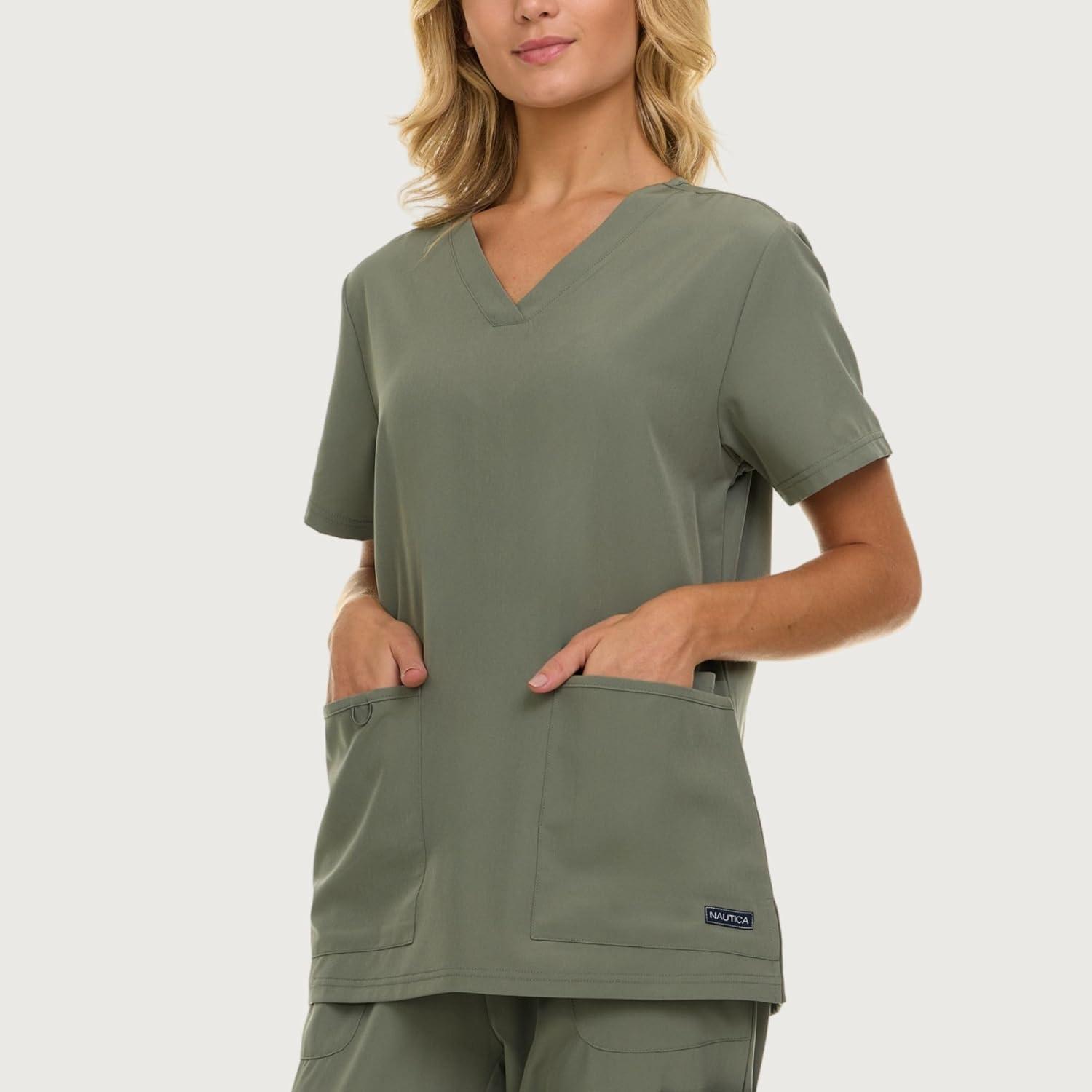 imageNautica Womens Scrubs Tops VNeck Breathable Scrub Tops Women 3 Pocket Stretch Fabric Scrubs for Women Medical Scrub ShirtOlive