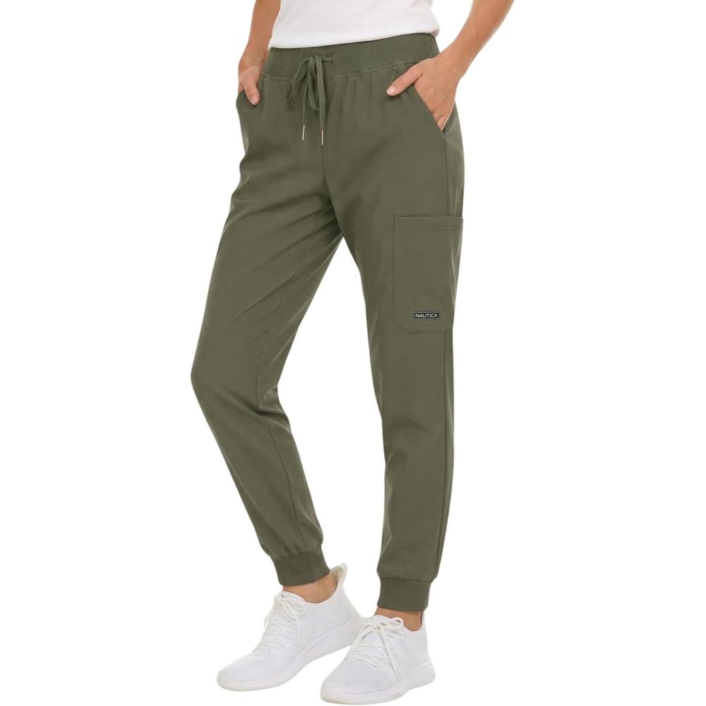 imageNautica Scrub Pants for Women Breathable Drawstring Jogger Scrubs for Women 5 Pocket Stretch Soft Scrub Bottoms for WomanOlive