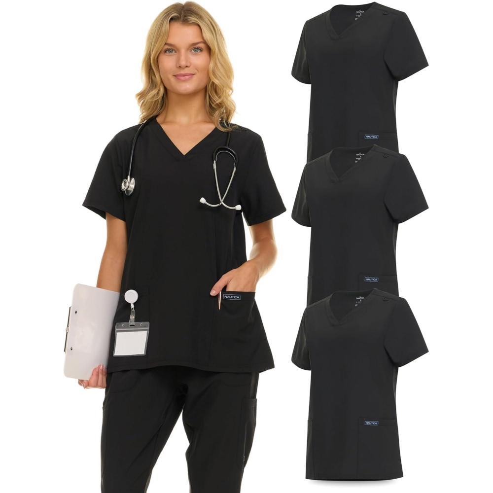 imageNautica Womens Scrubs Tops 3 Pack VNeck Breathable Scrub Tops Women 3 Pocket Stretch Fabric Scrubs for Women3 Pack BlkBlkBlk