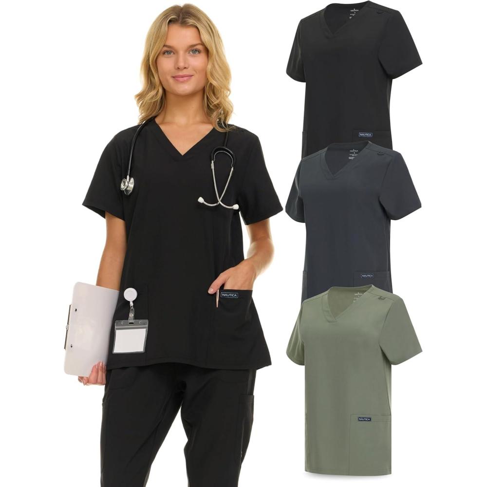 imageNautica Womens Scrubs Tops 3 Pack VNeck Breathable Scrub Tops Women 3 Pocket Stretch Fabric Scrubs for Women3 Pack BlkChrOlv