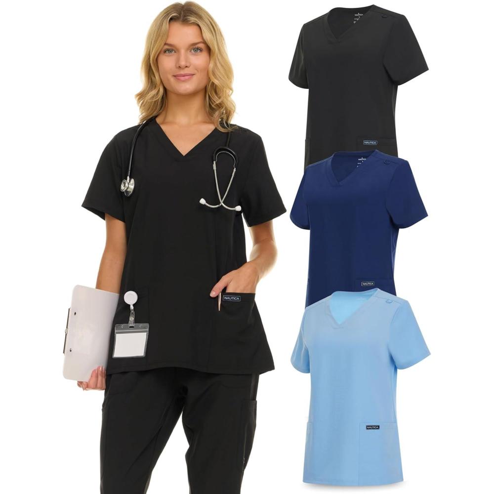 imageNautica Womens Scrubs Tops 3 Pack VNeck Breathable Scrub Tops Women 3 Pocket Stretch Fabric Scrubs for Women3 Pack BlkNvyCeil