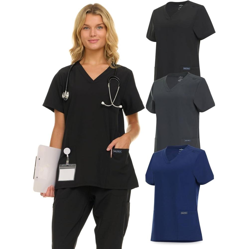 imageNautica Womens Scrubs Tops 3 Pack VNeck Breathable Scrub Tops Women 3 Pocket Stretch Fabric Scrubs for Women3 Pack BlkNvyChr