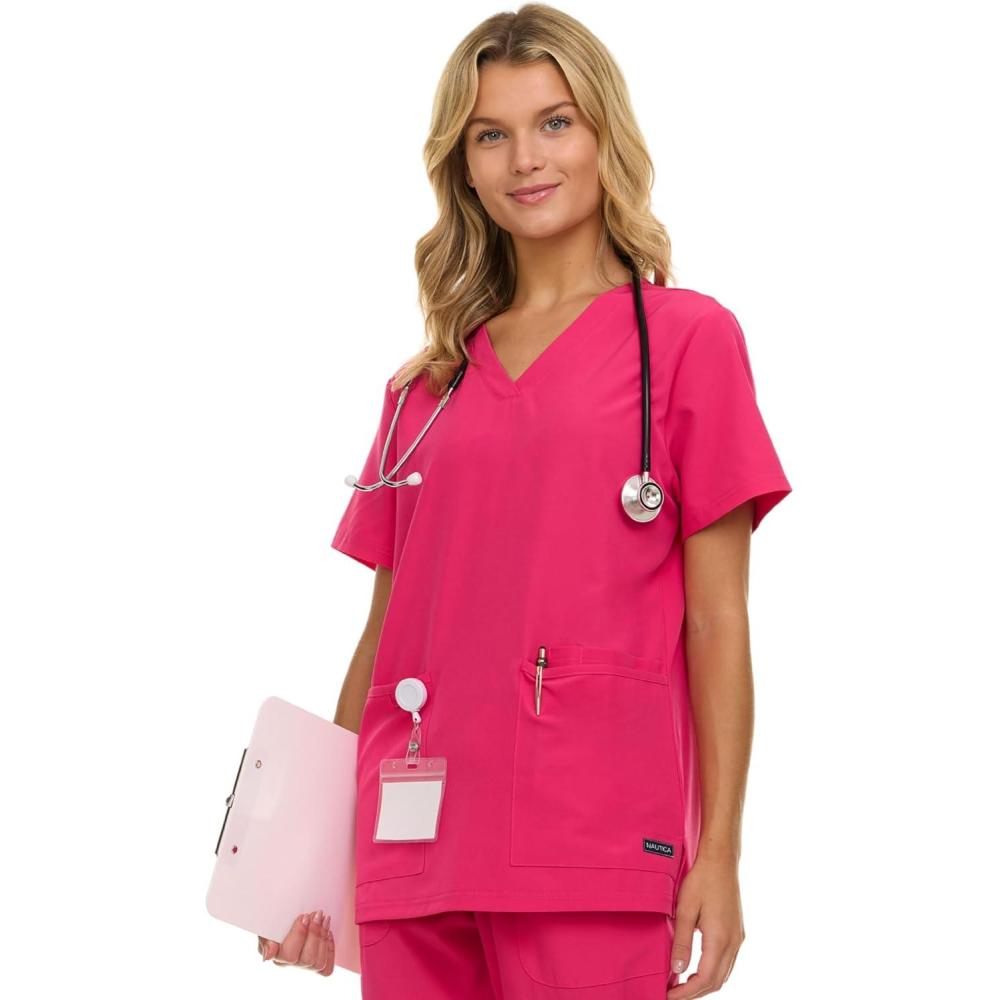 imageNautica Womens Scrubs Tops VNeck Breathable Scrub Tops Women 3 Pocket Stretch Fabric Scrubs for Women Medical Scrub ShirtFuschia