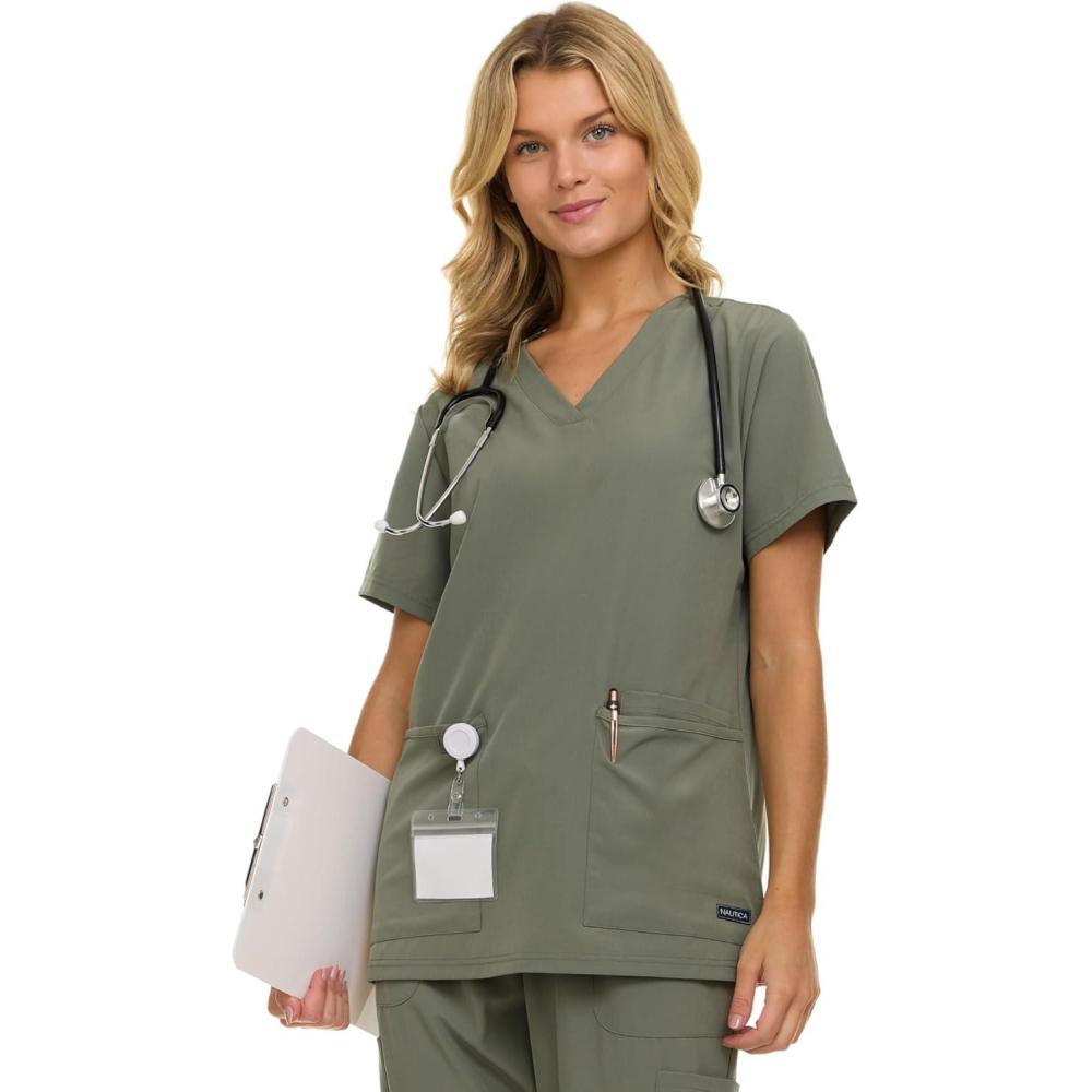 imageNautica Womens Scrubs Tops VNeck Breathable Scrub Tops Women 3 Pocket Stretch Fabric Scrubs for Women Medical Scrub ShirtOlive
