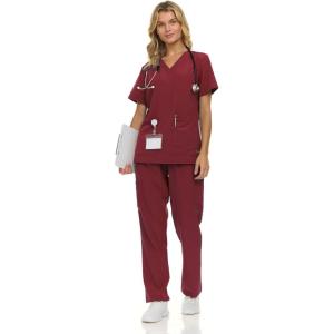 Nautica Women’s Scrub Set, 9-Pocket Breathable & Stretchy Pants & Tops(Cabernet)