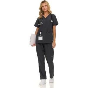 Nautica Women’s Scrub Set, 9-Pocket Breathable & Stretchy Pants & Tops(Charcoal)