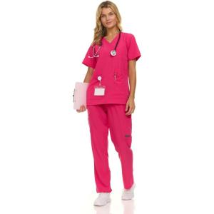 Nautica Women’s Scrub Set, 9-Pocket Breathable & Stretchy Pants & Tops(Fuschia)