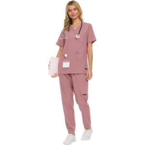 Nautica Women’s Scrub Set, 9-Pocket Breathable & Stretchy Pants & Tops(Mauve)