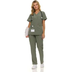 Nautica Women’s Scrub Set, 9-Pocket Breathable & Stretchy Pants & Tops(Olive)