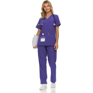 Nautica Women’s Scrub Set, 9-Pocket Breathable & Stretchy Pants & Tops(Purple)