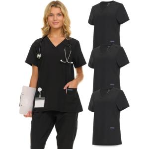 Nautica Womens Scrubs Tops, 3 Pack V-Neck Breathable Scrub Tops Women, 3 Pocket Stretch Fabric Scrubs for Women(3 Pack Blk/Blk/Blk)