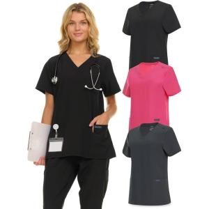 Nautica Womens Scrubs Tops, 3 Pack V-Neck Breathable Scrub Tops Women, 3 Pocket Stretch Fabric Scrubs for Women(3 Pack Blk/Chr/Fus)