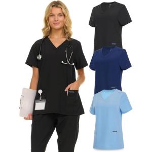 Nautica Womens Scrubs Tops, 3 Pack V-Neck Breathable Scrub Tops Women, 3 Pocket Stretch Fabric Scrubs for Women(3 Pack Blk/Nvy/Ceil)