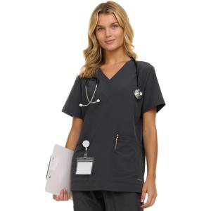 Nautica Womens Scrubs Tops, V-Neck Breathable Scrub Tops Women, 3 Pocket Stretch Fabric Scrubs for Women, Medical Scrub Shirt(Charcoal)