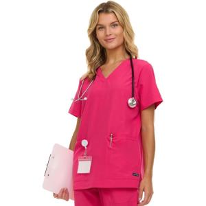 Nautica Womens Scrubs Tops, V-Neck Breathable Scrub Tops Women, 3 Pocket Stretch Fabric Scrubs for Women, Medical Scrub Shirt(Fuschia)