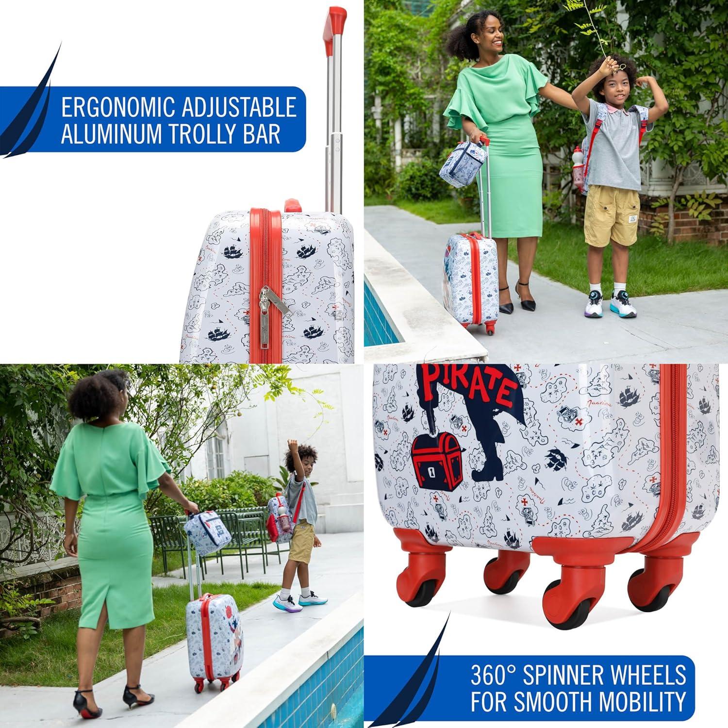 imageNautica Kids 18 Hardside Carryon Suitcase with Spinner Wheels Shark AttackPirate Ahoy 5pc School Set