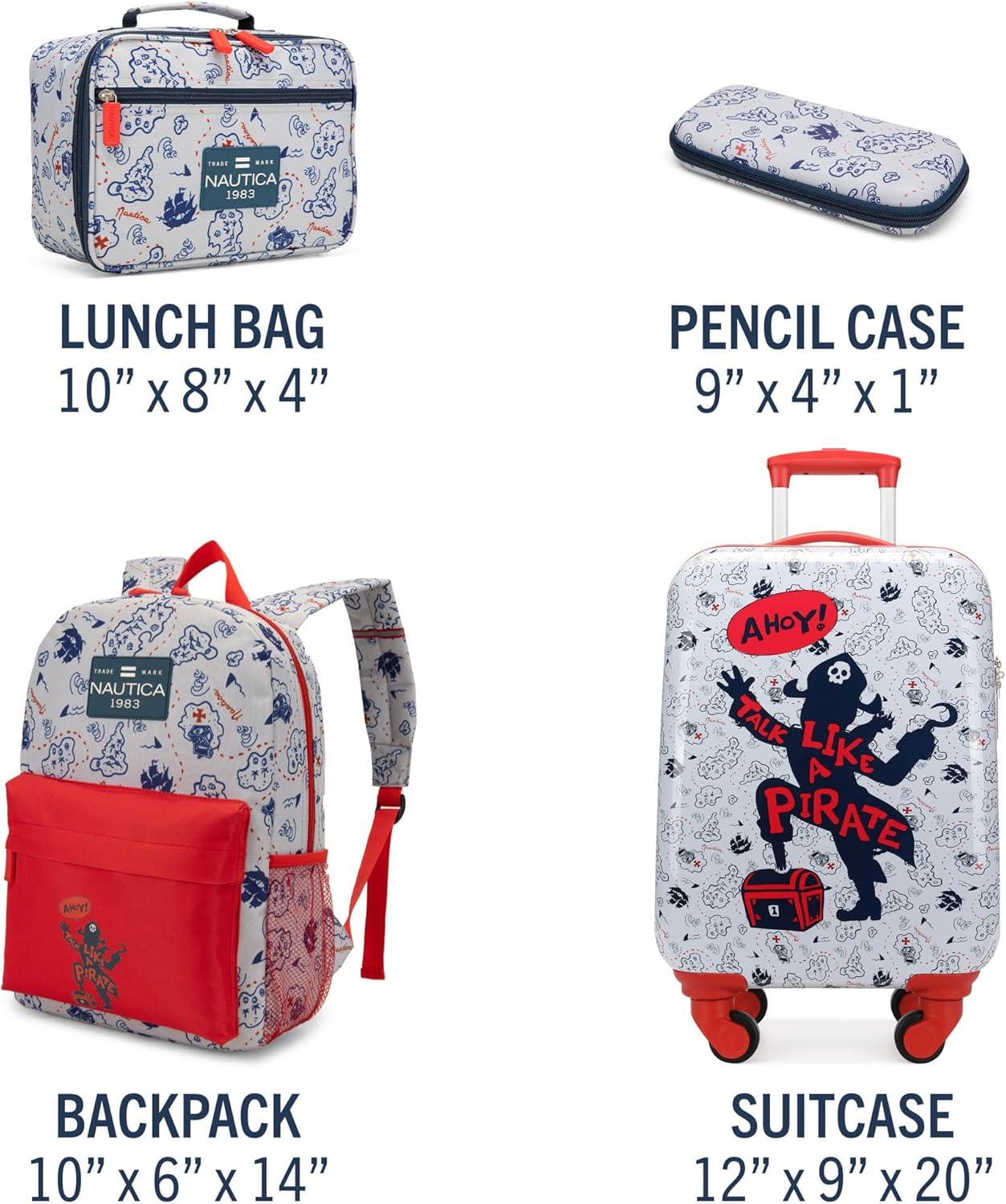 imageNautica Kids 18 Hardside Carryon Suitcase with Spinner Wheels Shark AttackPirate Ahoy 5pc School Set
