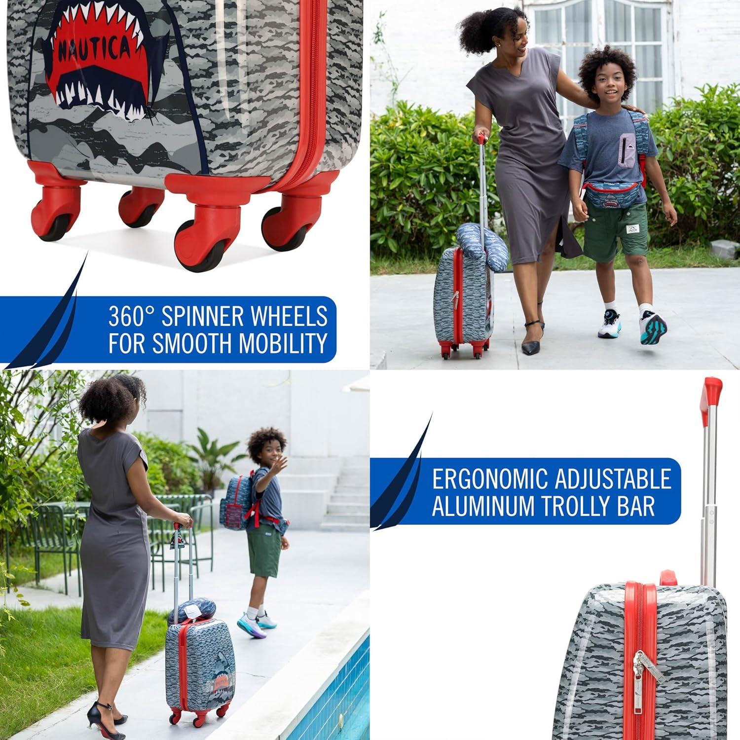 imageNautica Kids 18 Hardside Carryon Suitcase with Spinner Wheels Shark AttackShark Attack 5pc Travel Set