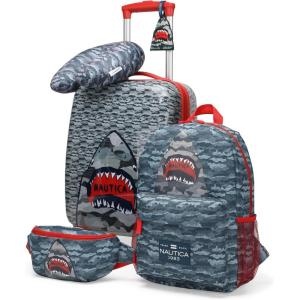 Nautica Kids 18″ Hardside Carry-on Suitcase with Spinner Wheels, Shark Attack(Shark Attack | 5pc Travel Set)