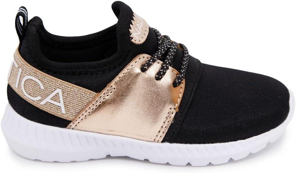 imageNautica Kids Boys and Girls Athletic SlipOn Sneakers Lightweight Bungee Running Shoes for Toddler Little Kid and Big KidRose Gold Black