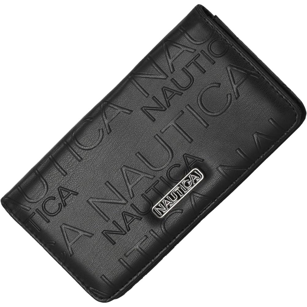 imageNautica Seaside Slim Womens Wallet RFID Blocking Credit Card Holder Coin Purse Checkbook Organizer Clutch Small Vegan Leather Wallet for Travel Black LogoBlack Embossed