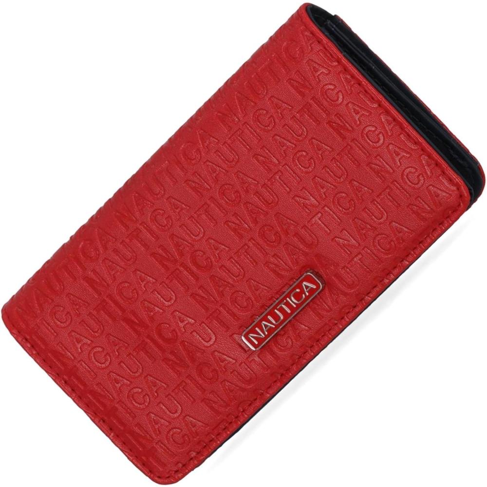 imageNautica Seaside Slim Womens Wallet RFID Blocking Credit Card Holder Coin Purse Checkbook Organizer Clutch Small Vegan Leather Wallet for Travel Black LogoRed Logo