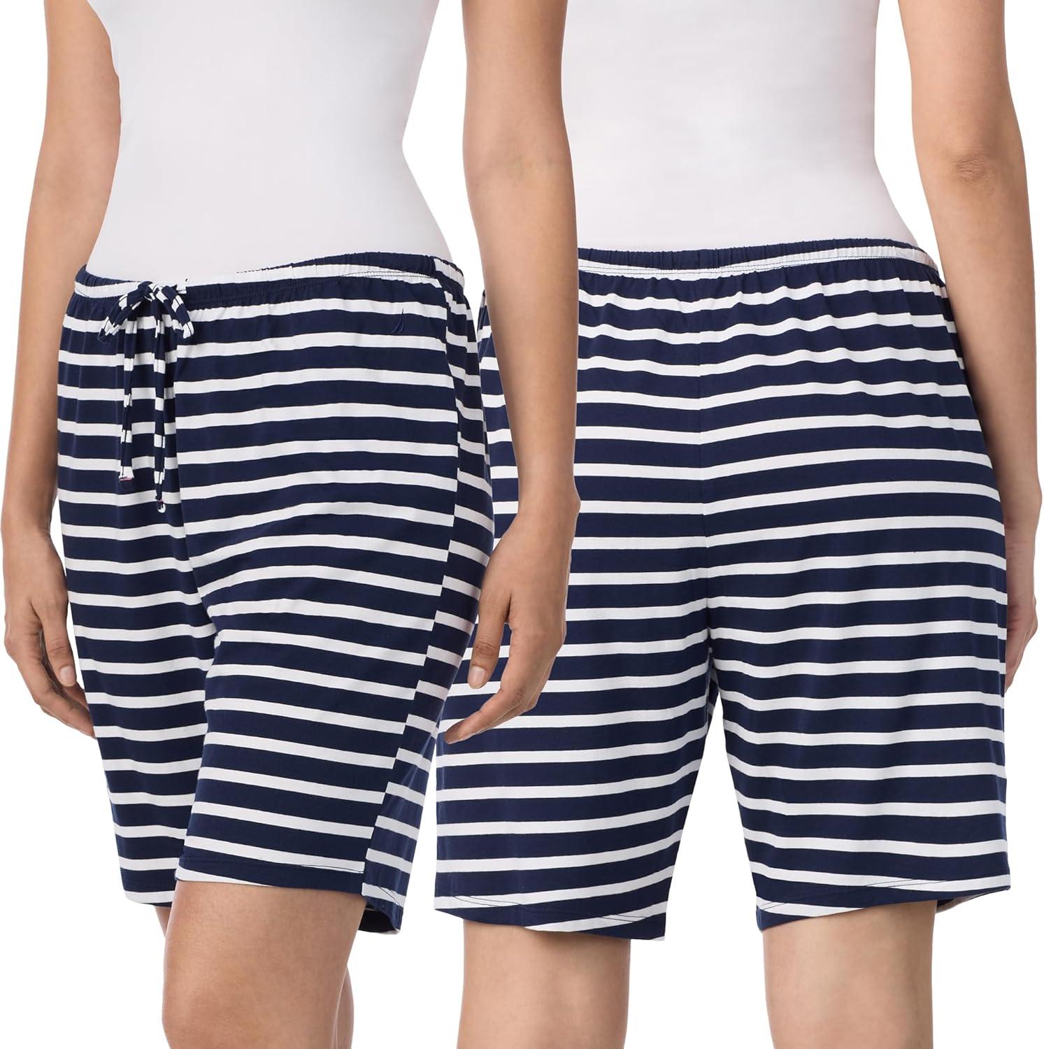 imageNautica Womens Sleep Bermuda Shorts Lightweight Breathable Pajama Bottoms Cotton Knit Jersey Sleepwear and Loungewear2 Pack NavyNavy Stripe