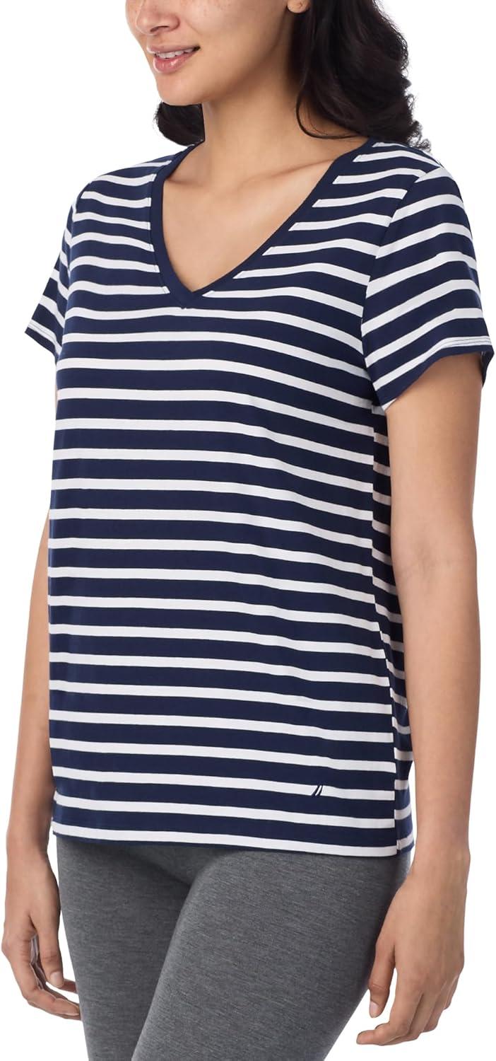 imageNautica Womens Sleep Shirt Lightweight Breathable Pajama Top Cotton Knit Jersey VNeck Sleepwear and Loungewear2 Pack NavyNavy Stripe
