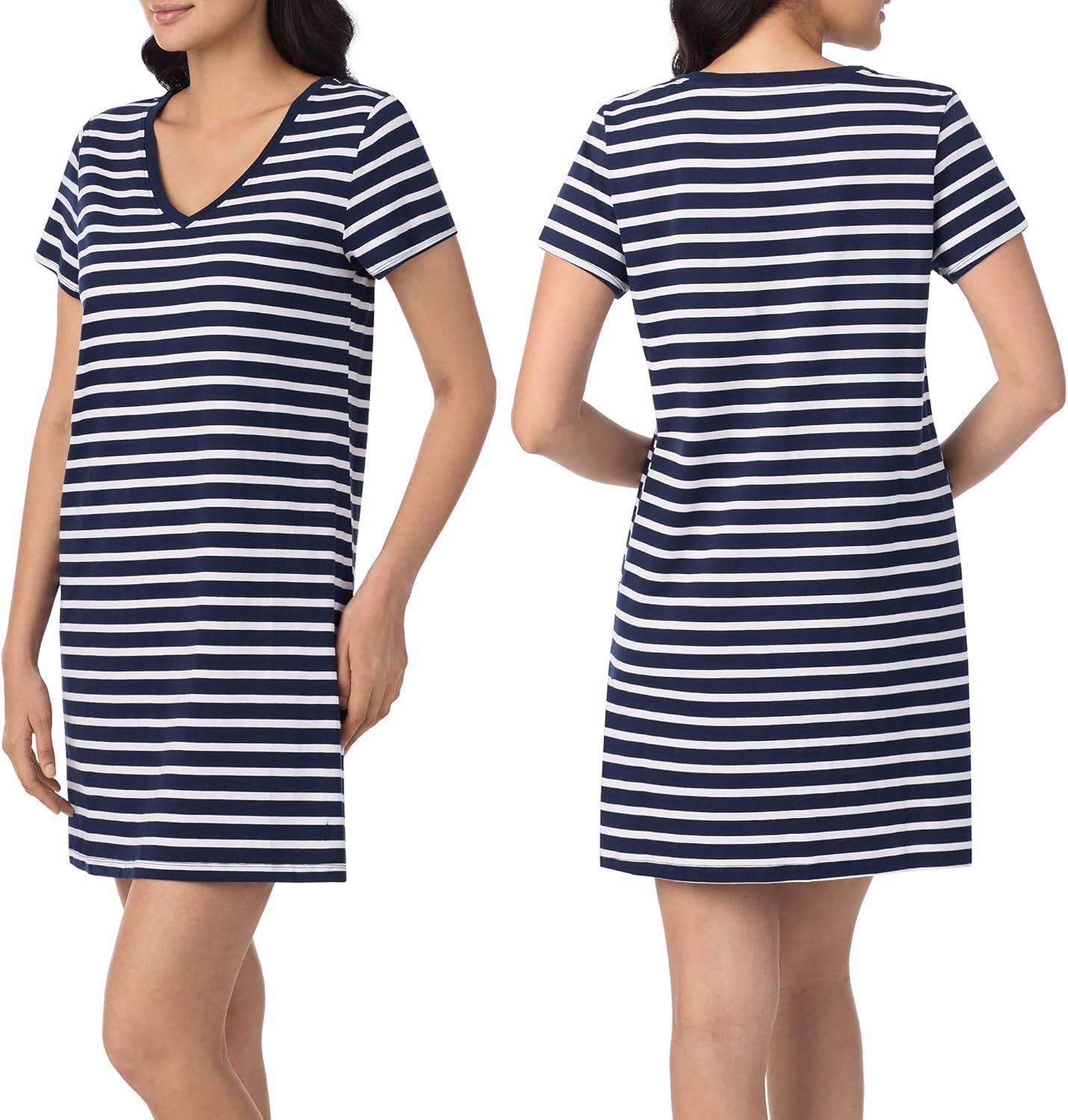 imageNautica Womens Sleep Shirt Dress Cotton Knit Jersey VNeck Pajama Top Lightweight amp Breathable Sleepwear Loungewear2 Pack NavyNavy Stripe