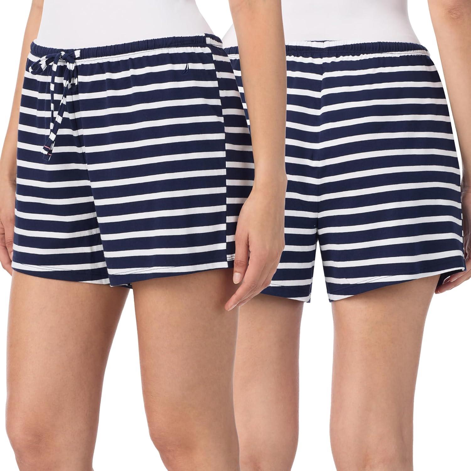 imageNautica Womens Sleep Shorts MidThigh Lightweight Breathable Pajama Bottoms Cotton Knit Jersey Sleepwear and Loungewear2 Pack NavyNavy Stripe