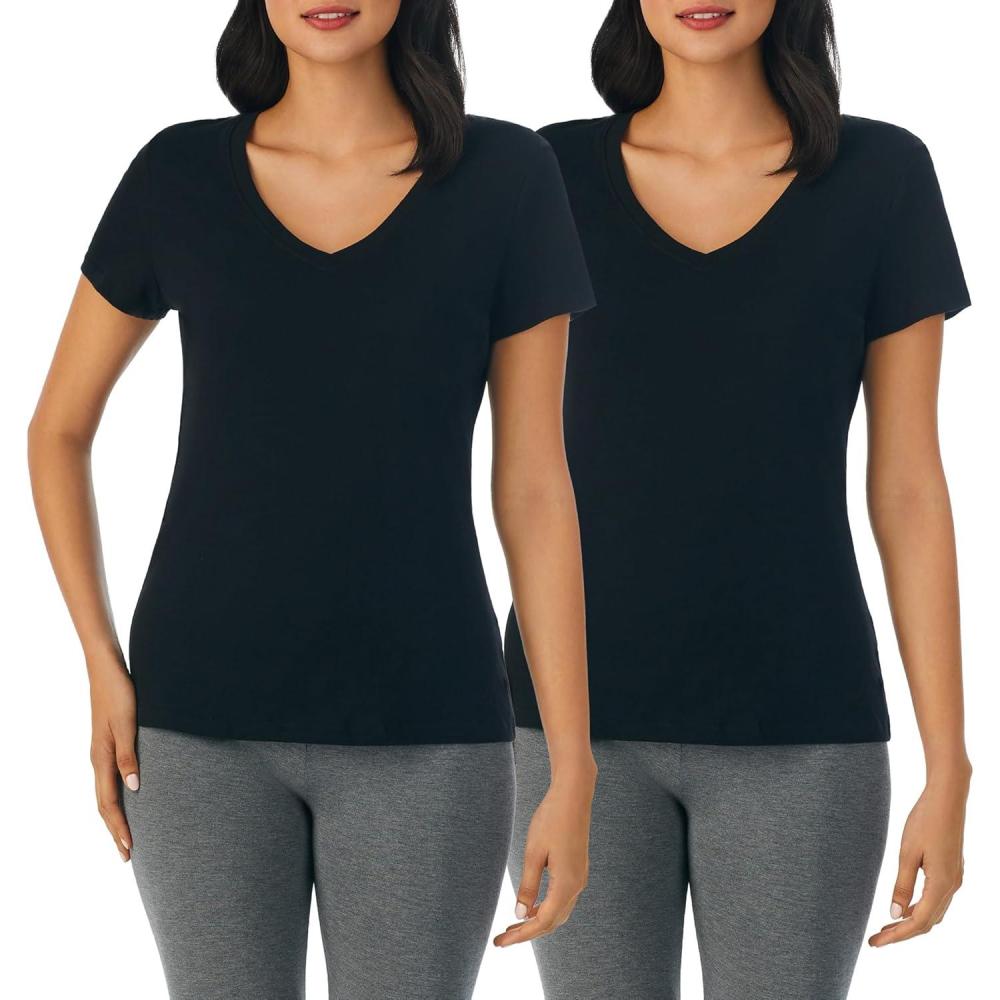 imageNautica Womens Sleep Shirt  Lightweight Breathable Pajama Top  Cotton Knit Jersey VNeck Sleepwear and Loungewear2 Pack BlackBlack