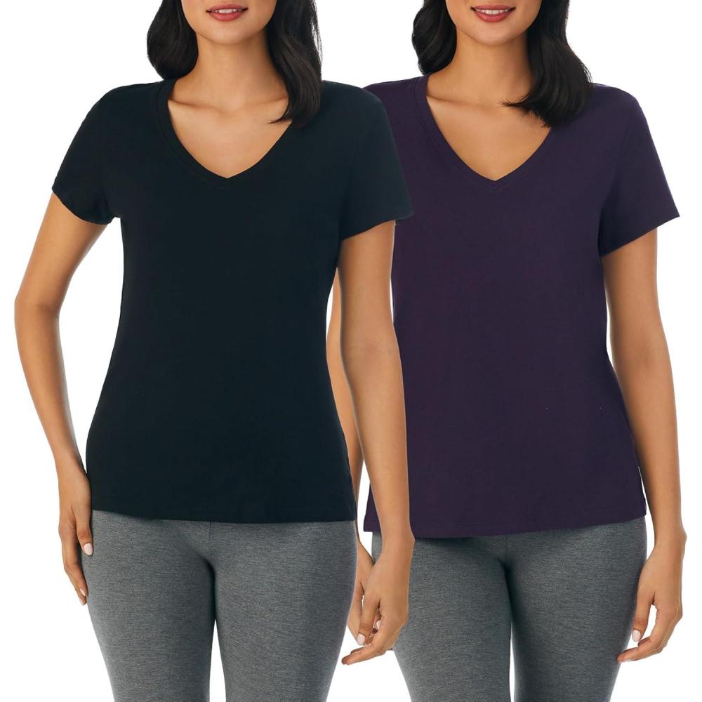 imageNautica Womens Sleep Shirt  Lightweight Breathable Pajama Top  Cotton Knit Jersey VNeck Sleepwear and Loungewear2 Pack PurpleBlack