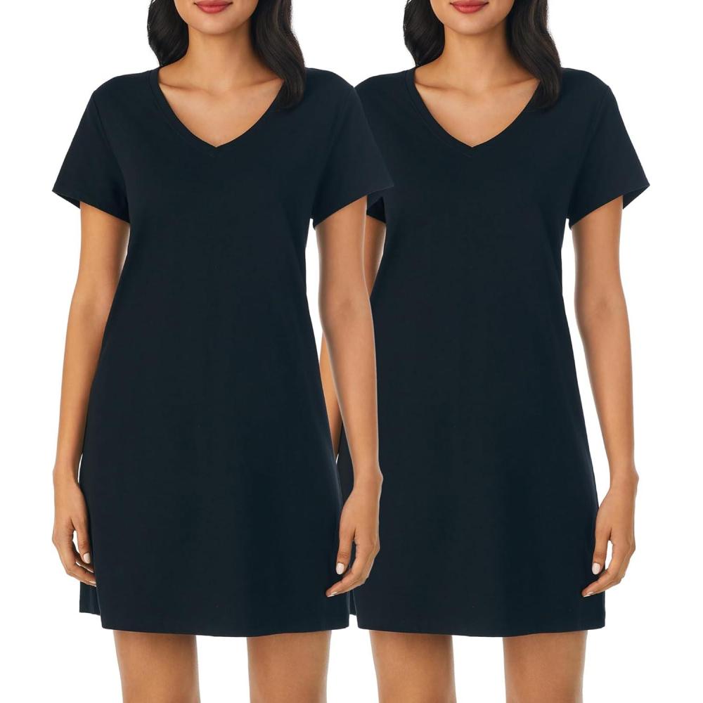 imageNautica Womens Sleep Shirt Dress Cotton Knit Jersey VNeck Pajama Top Lightweight amp Breathable Sleepwear Loungewear2 Pack BlackBlack