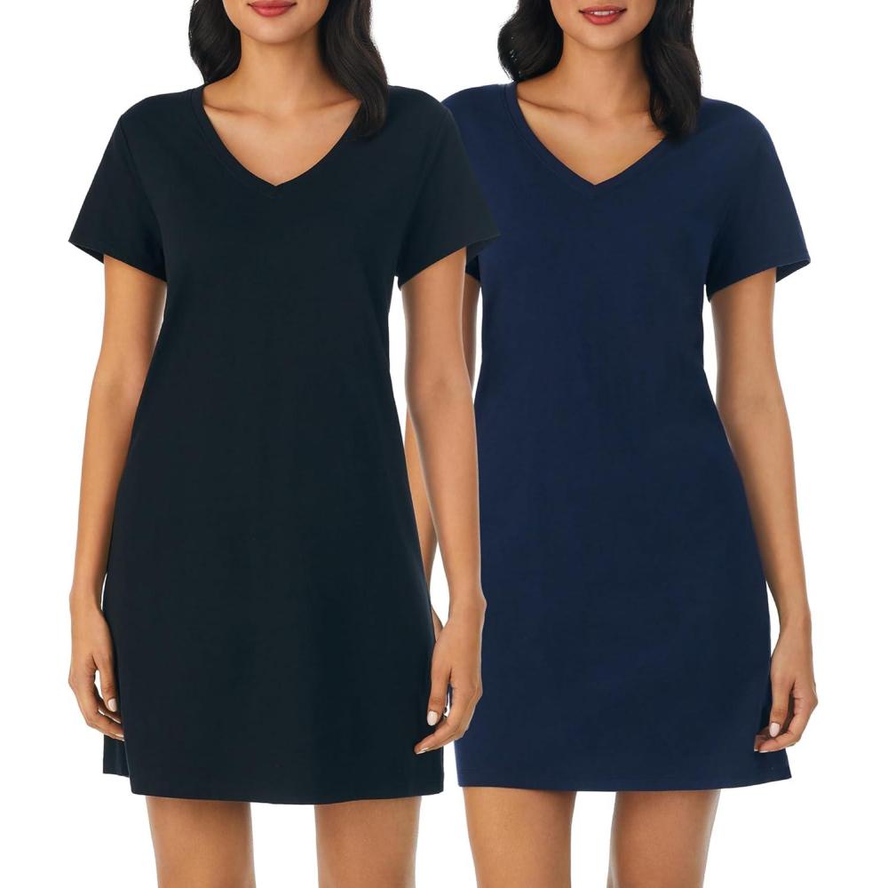 imageNautica Womens Sleep Shirt Dress Cotton Knit Jersey VNeck Pajama Top Lightweight amp Breathable Sleepwear Loungewear2 Pack NavyBlack