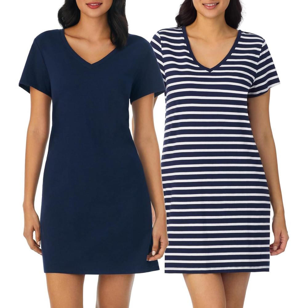 imageNautica Womens Sleep Shirt Dress Cotton Knit Jersey VNeck Pajama Top Lightweight amp Breathable Sleepwear Loungewear2 Pack NavyNavy Stripe