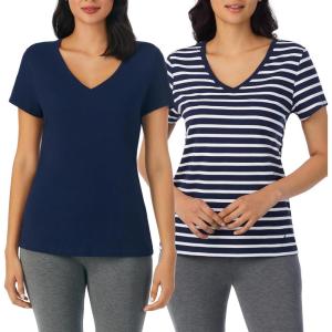 Nautica Womens Sleep Shirt – Lightweight, Breathable Pajama Top – Cotton Knit Jersey V-Neck Sleepwear and Loungewear(2 Pack Navy/Navy Stripe)