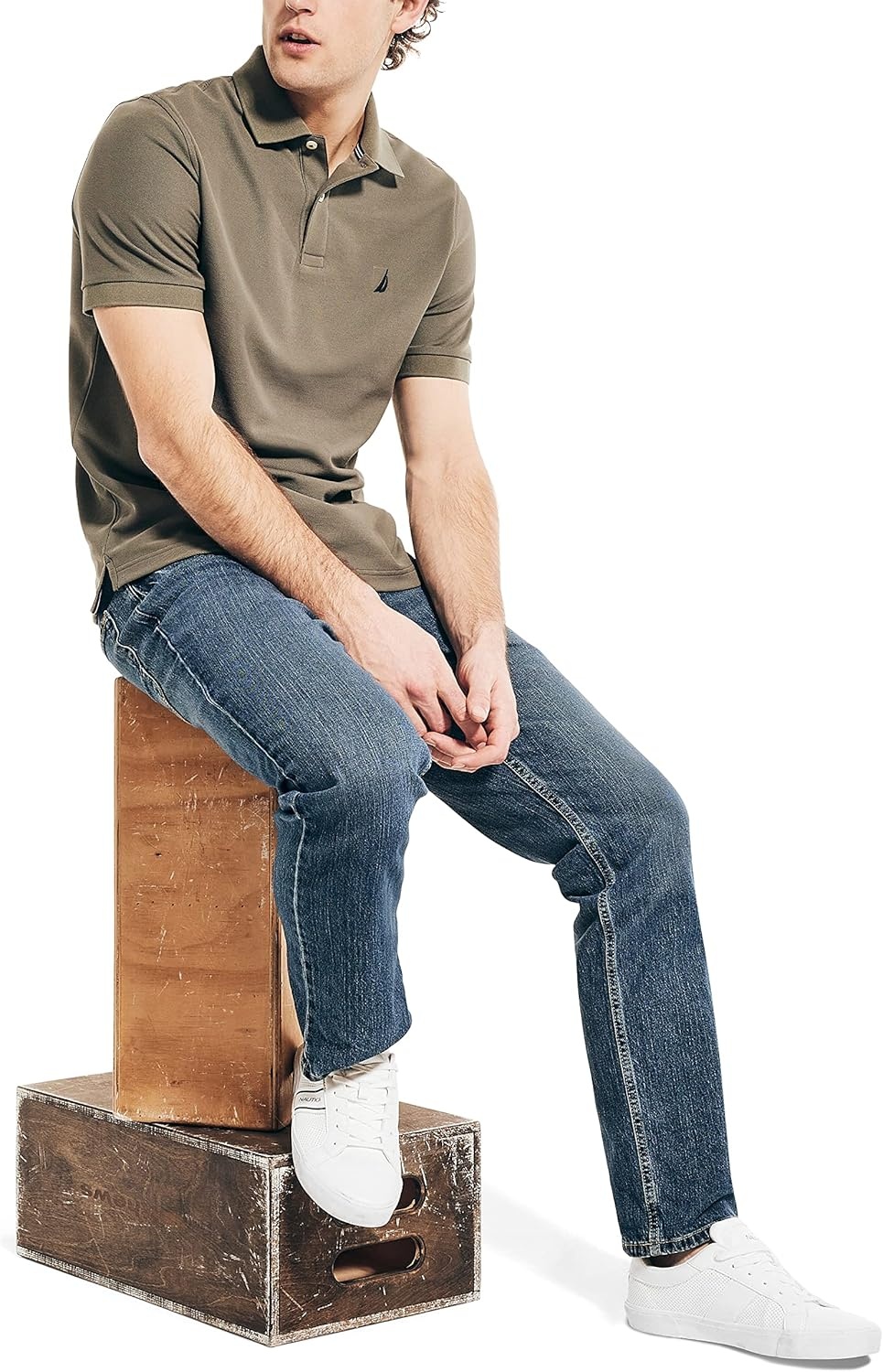 imageNautica Mens Sustainably Crafted Classic Fit Deck PoloHillside Olive