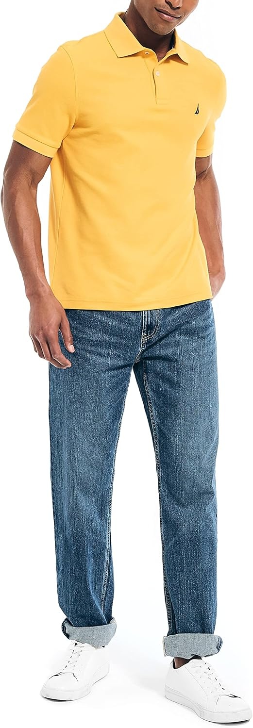imageNautica Mens Sustainably Crafted Classic Fit Deck PoloLightning Gold