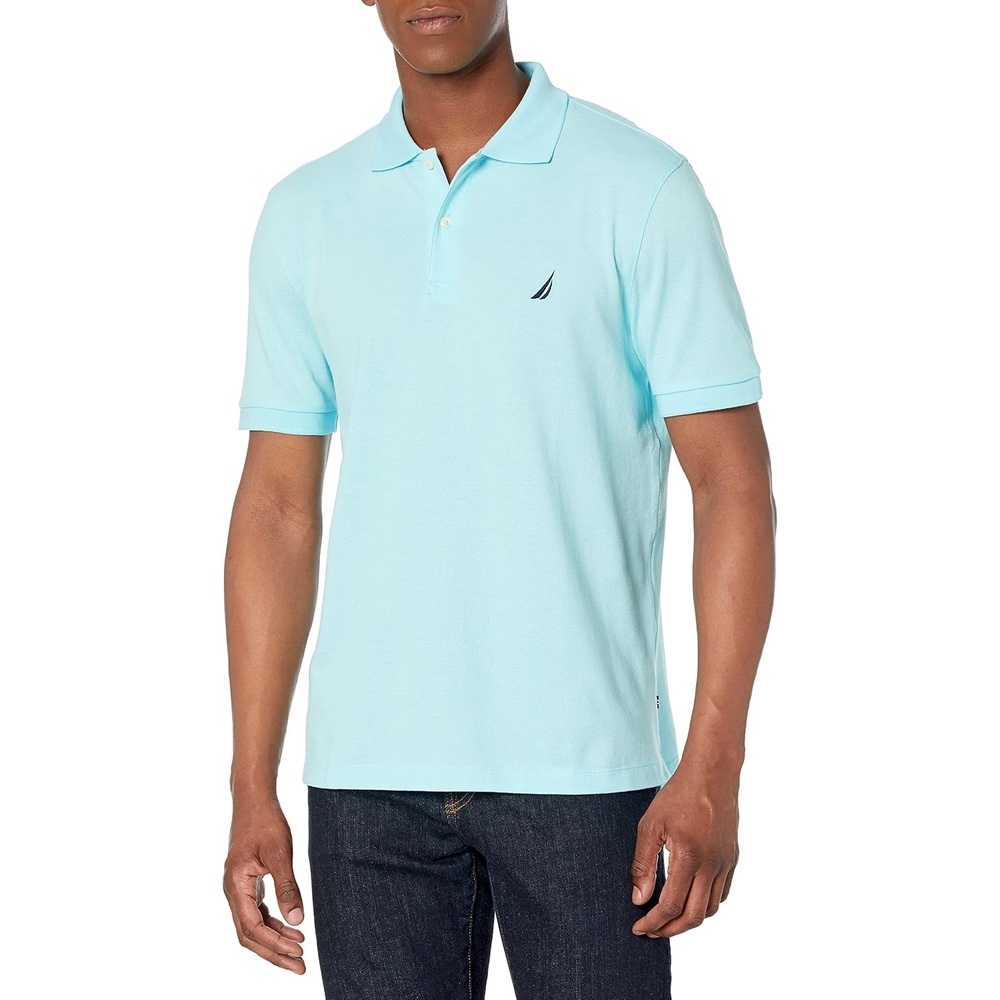 imageNautica Mens Short Sleeve Solid Cotton Pique Polo ShirtBright Aqua Solid