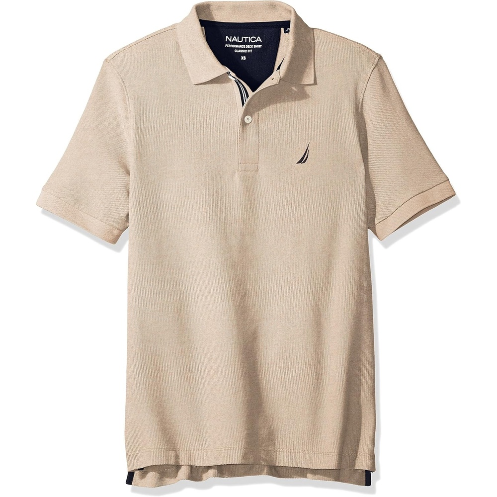 imageNautica Mens Short Sleeve Solid Cotton Pique Polo ShirtCoastal Camel Heather