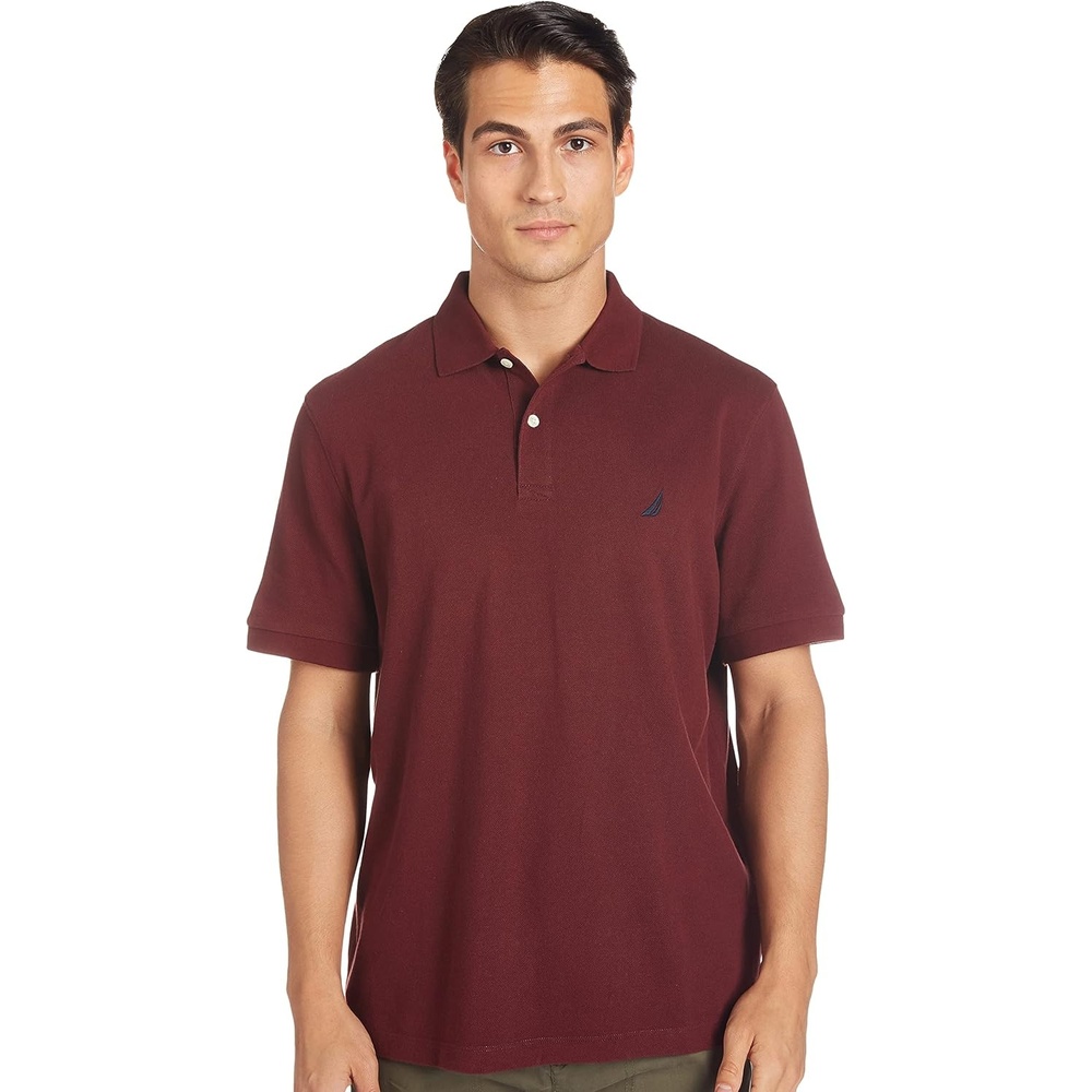 imageNautica Mens Short Sleeve Solid Cotton Pique Polo ShirtRoyal Burgundy Solid